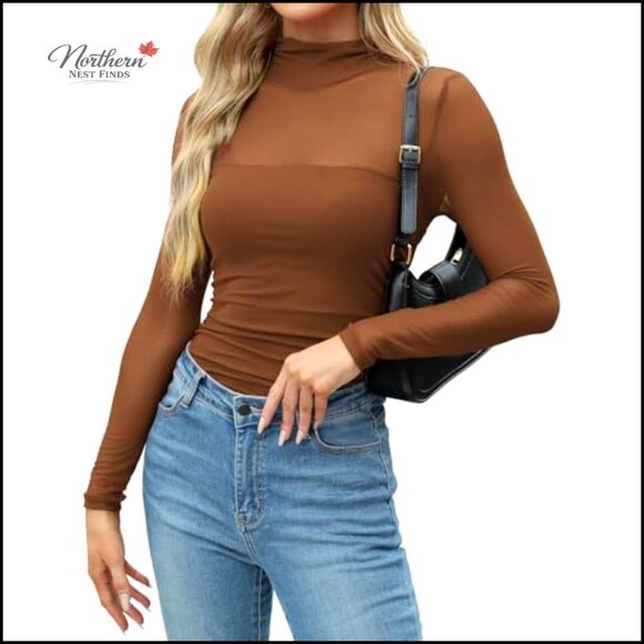 Sheer Mesh Mock Turtleneck Long Sleeve Blouse Ruching Trendy Going Out Top - Picture 2 of 7